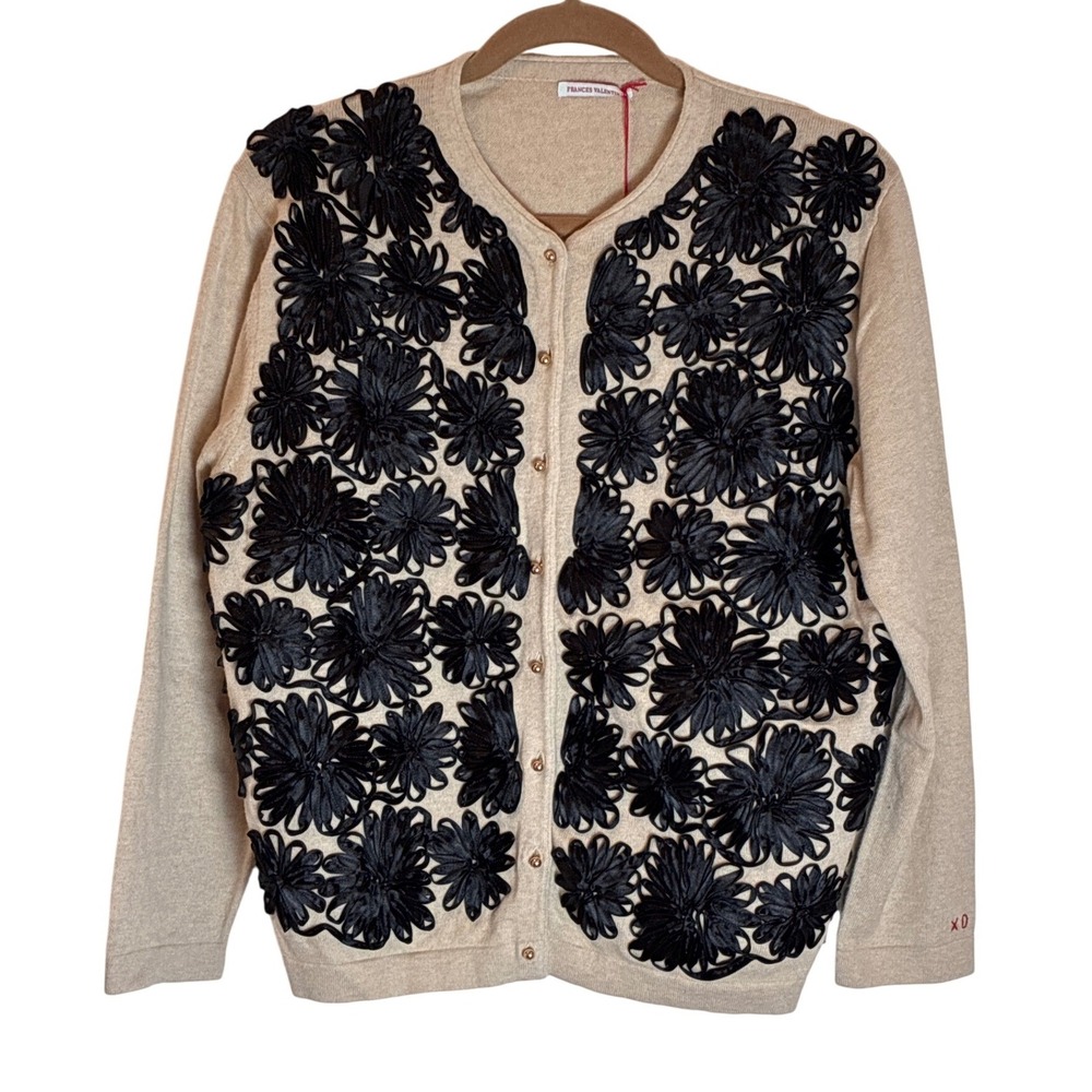Frances Valentine Cardigan Darling Guggenheim Ribbon Floral Tan Black Large NWT